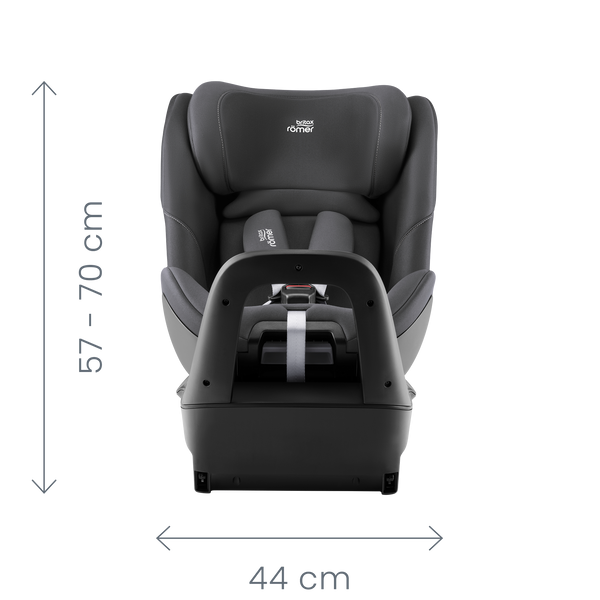 Vista frontal de la silla Britax Römer Swivel 2 con medidas de ancho y alto: 44 cm de ancho y entre 57 y 70 cm de alto